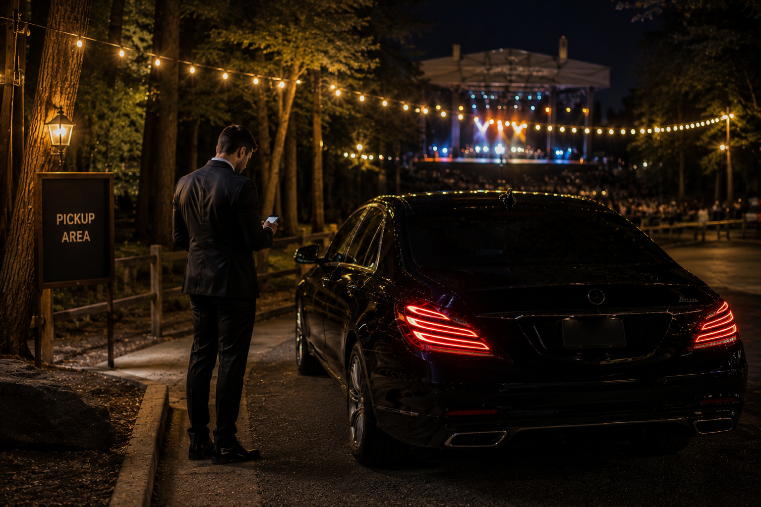 Chauffeur waiting curbside for concertgoers after a show at a Michigan amphitheater